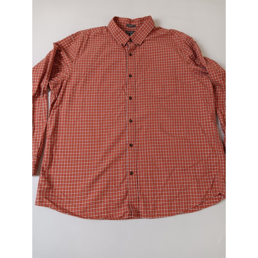 Eddie Bauer Mens XL Relaxed Fit Button Down Shirt Orange White Grid Check Cotton